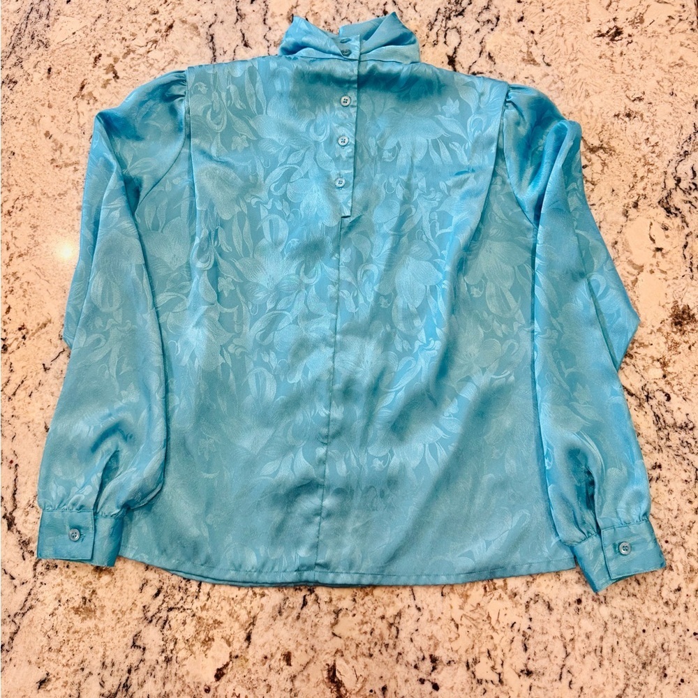 Vintage Teal Jacquard High Neck Satin Blouse Small - Picture 3 of 11